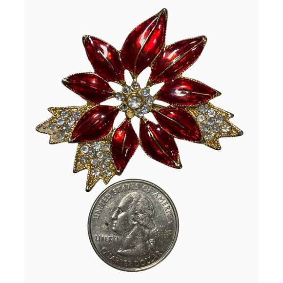Red Enamel Crystal Flower Brooch Gold Tone vintage - Picture 6 of 7